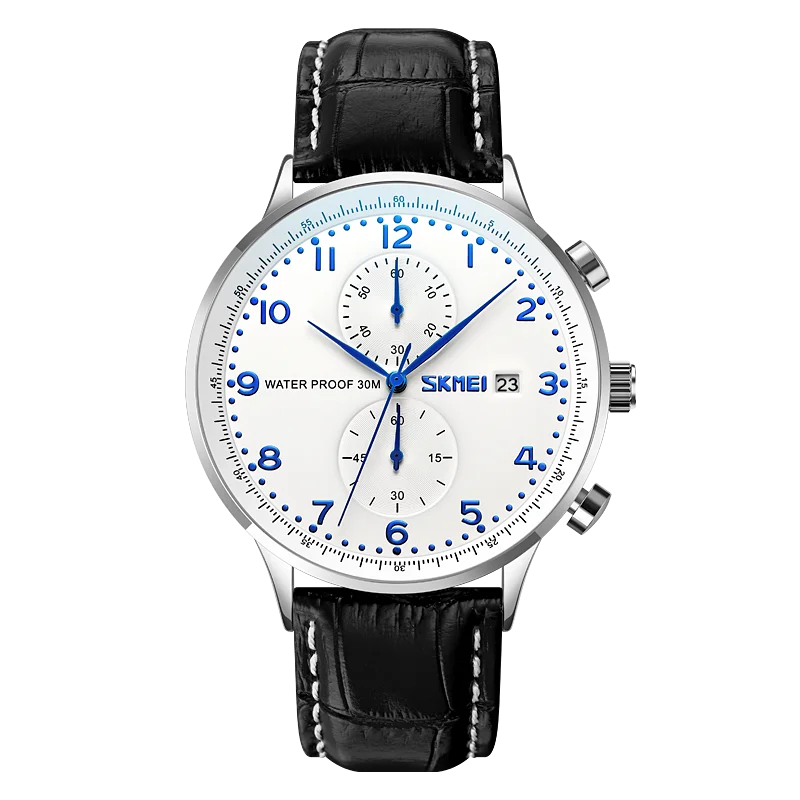 Reloj de pulsera SKMEI 9301 para hombre, de marca de lujo, con correa de cuero auténtico, resistente al agua, con fecha, cronómetro y movimiento de cuarzo.