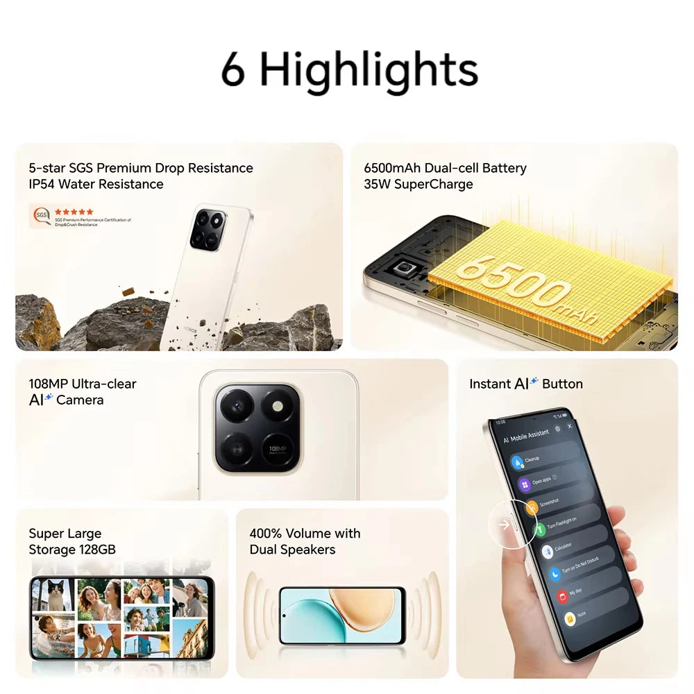 HONOR 400 Smart 4G, Versión Global, Smartphone 4G, cámara principal de 108 MP, batería de 6500 mAh, pantalla de 6,77 pulgadas a 120 Hz, procesador de ocho núcleos