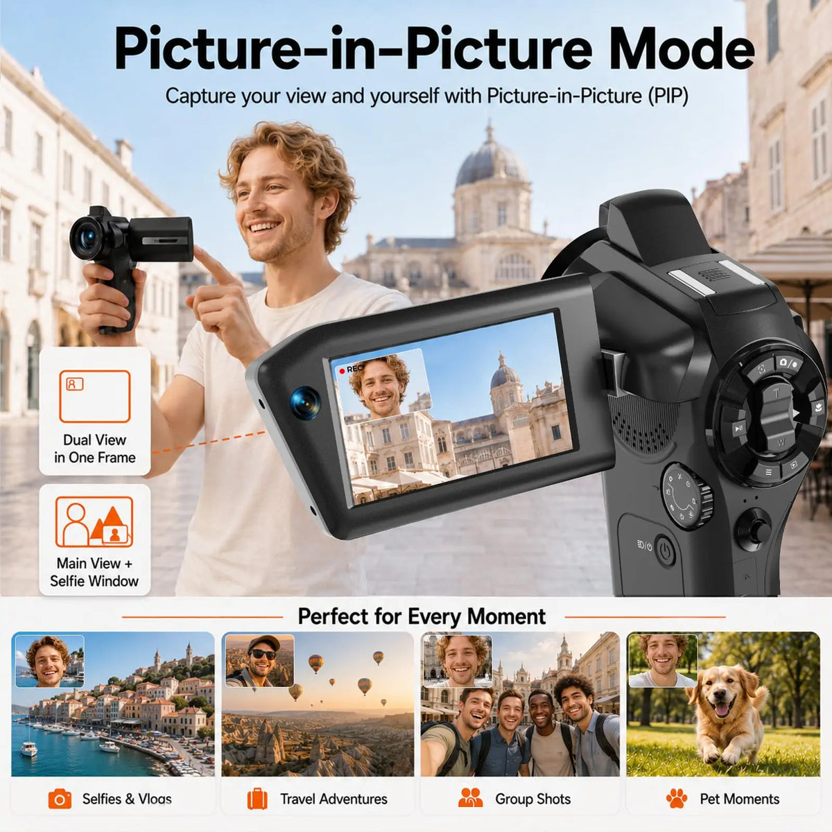 Cámara de Video 8K para Vlogging con Función Picture-in-Picture, WiFi, Zoom Óptico 8X, Visión Nocturna IR, Cámara DV Portátil