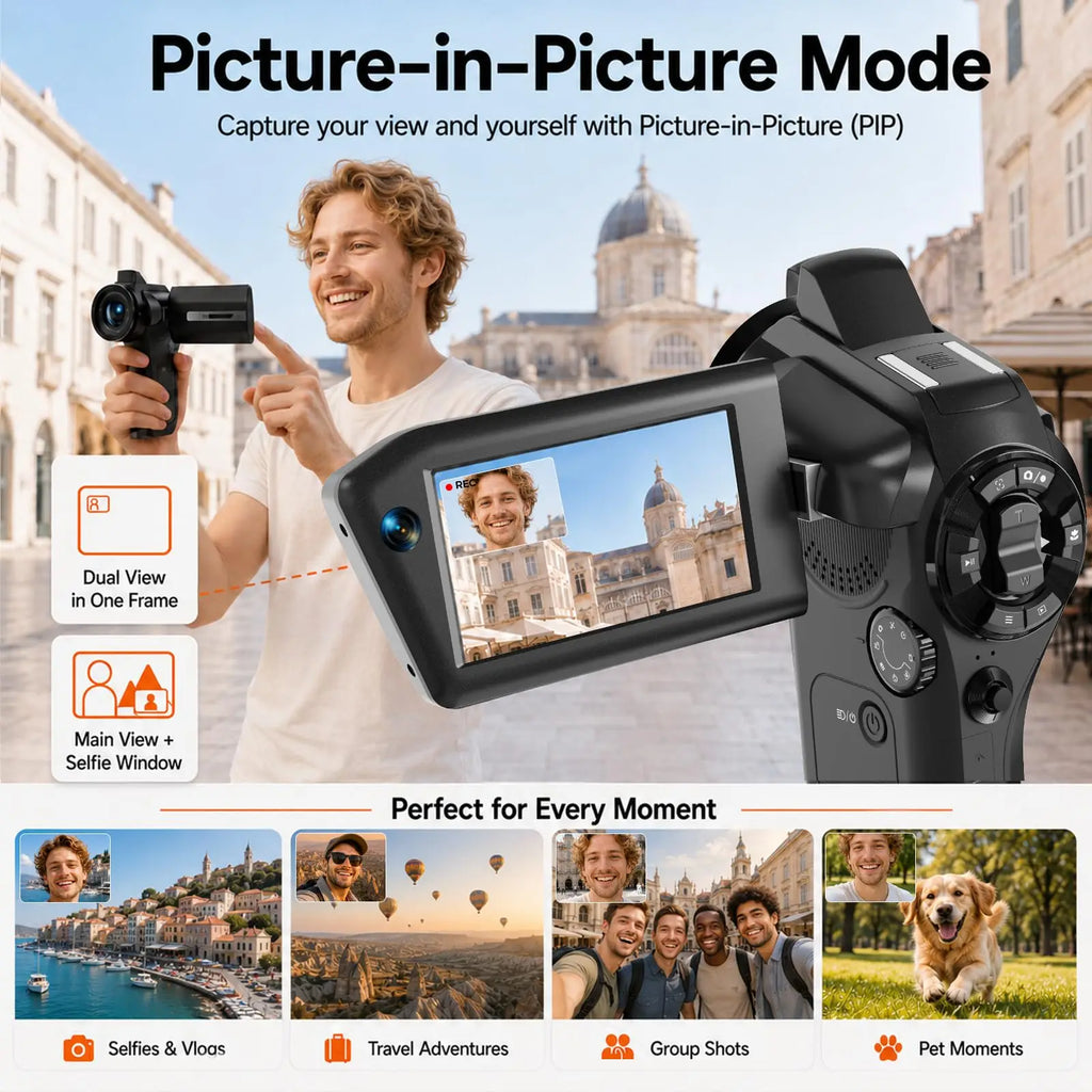 Cámara de Video 8K para Vlogging con Función Picture-in-Picture, WiFi, Zoom Óptico 8X, Visión Nocturna IR, Cámara DV Portátil