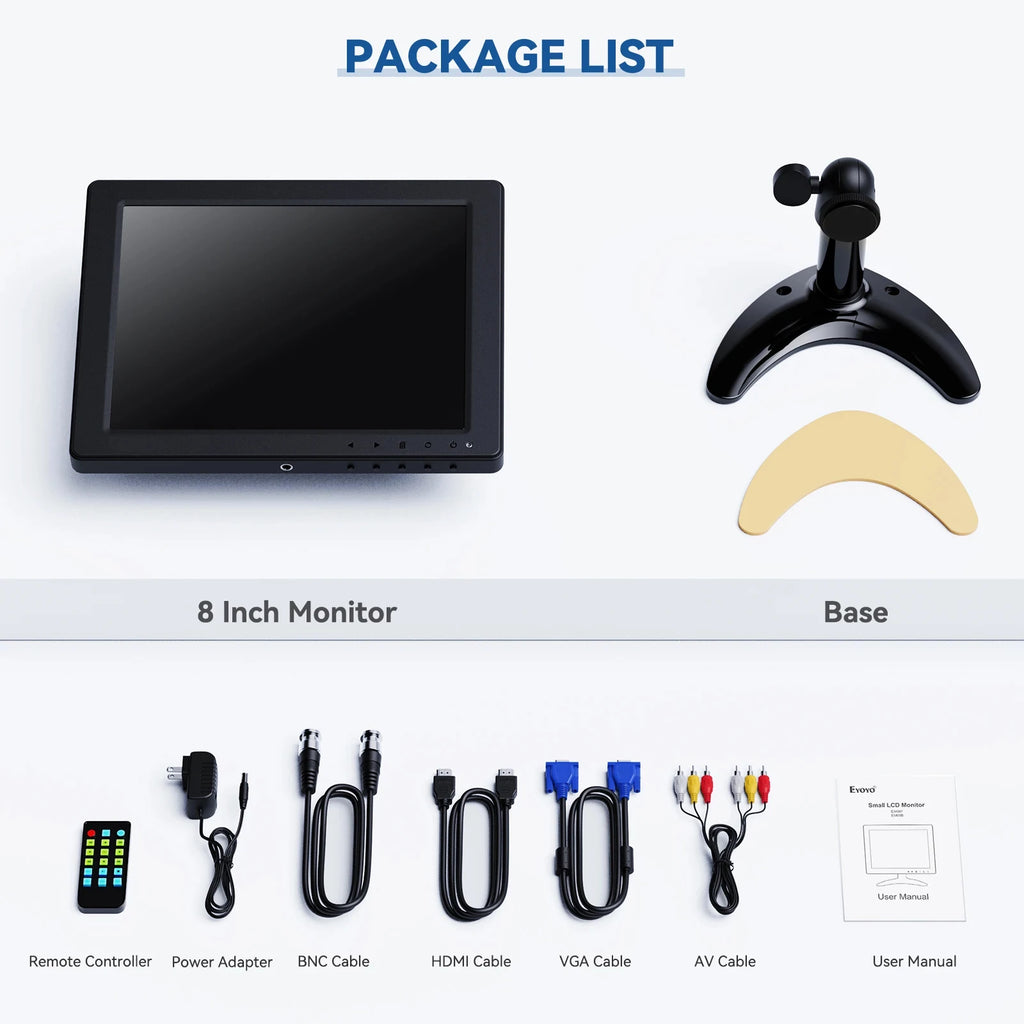 Monitor de escritorio pequeño Eyoyo de 8 pulgadas (1024 × 768) con función de giro de imagen; monitor de seguridad para cámaras de CCTV; pantalla LCD para montaje en pared con puertos HDMI, VGA, BNC, AV y USB