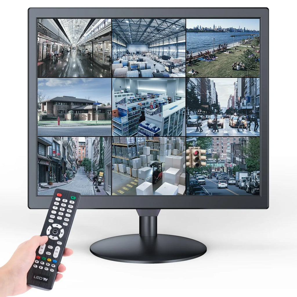 Monitor para cámaras de seguridad Eyoyo de 17 pulgadas, con resolución de 1280 x 1024, puertos AV, HDMI, VGA y BNC; compatible con la reproducción de vídeo en todos los formatos a través de USB y con mando a distancia