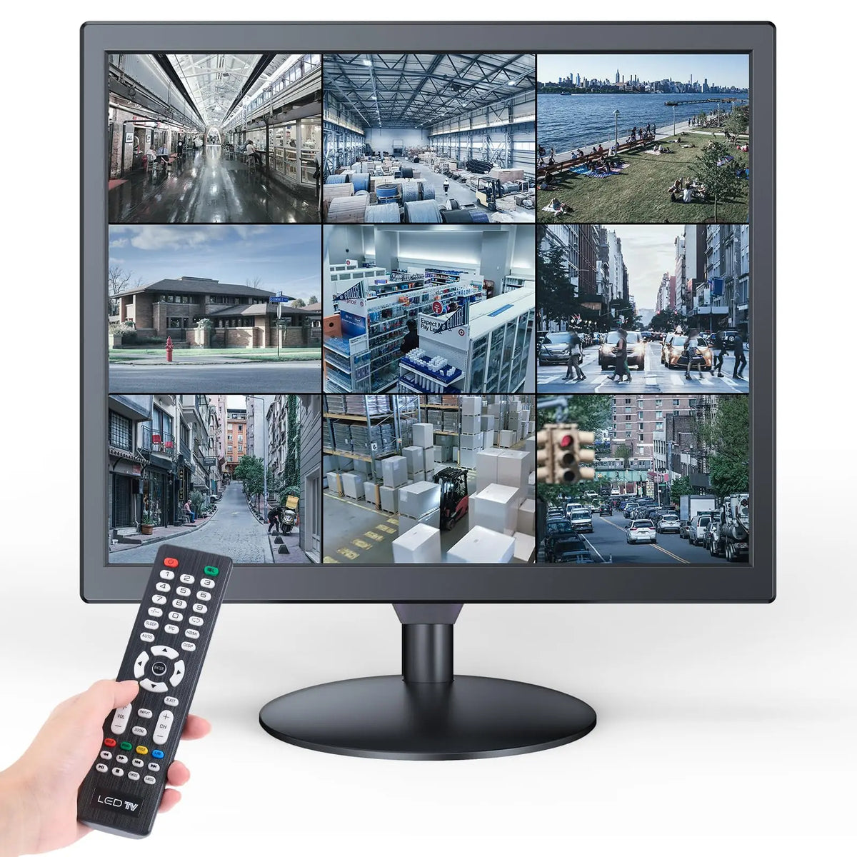 Monitor para cámaras de seguridad Eyoyo de 17 pulgadas, con resolución de 1280 x 1024, puertos AV, HDMI, VGA y BNC; compatible con la reproducción de vídeo en todos los formatos a través de USB y con mando a distancia