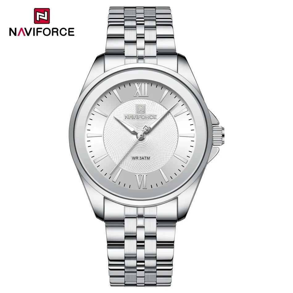 Reloj NAVIFORCE para mujer, creativo, con correa de acero inoxidable, a la moda, elegante, de cuarzo, resistente al agua 30m, reloj de pulsera femenino