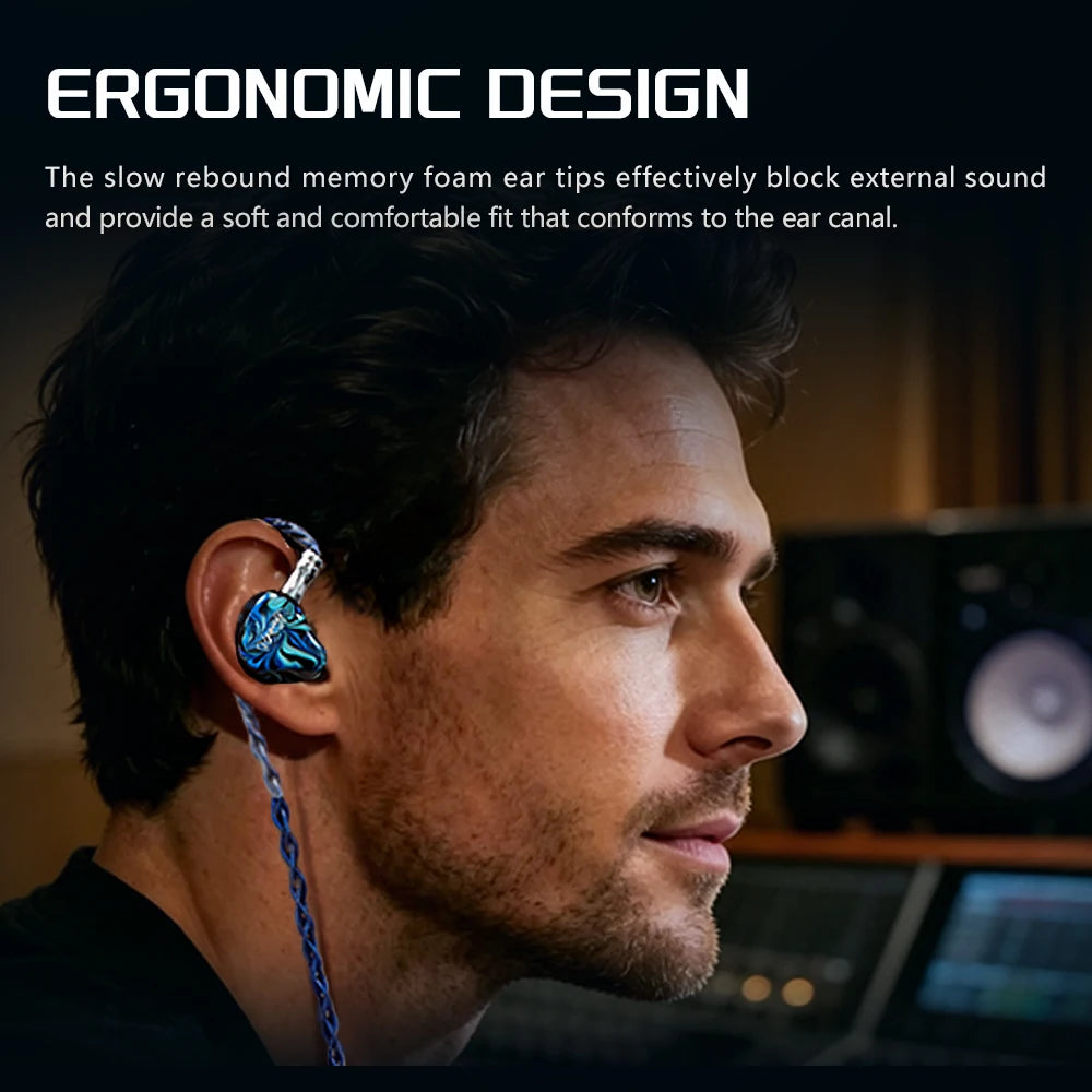 Auricular intraaural BA-X10 en el oído, ajuste ergonómico y cable azul