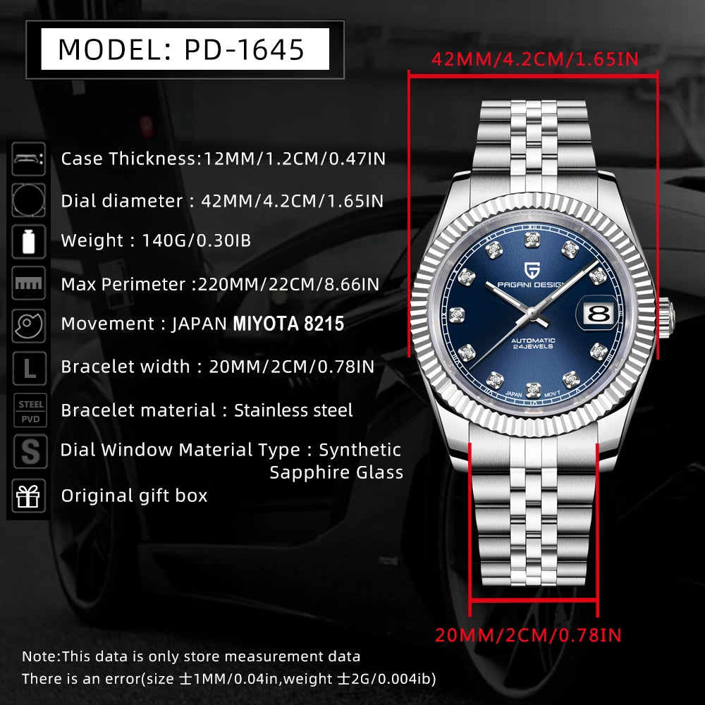 Reloj para hombre PAGANI DESIGN PD1645, movimiento automático, resistente al agua 100M, acero inoxidable, cristal de zafiro, reloj deportivo y de negocios