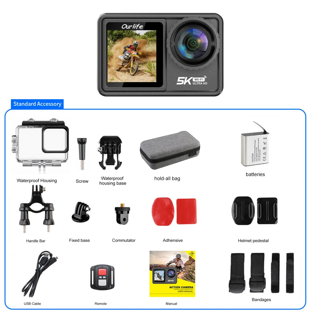 Cámara de Acción Ourlife MTR81 5K30FPS EIS con Pantalla Táctil de 2.0'', Resistente al Agua hasta 30M, WiFi, Zoom 5X, Cámara Deportiva para Casco con Control Remoto