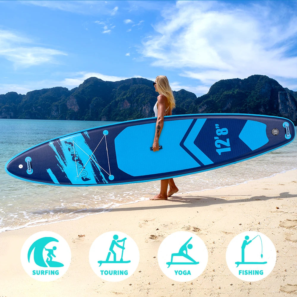 Tabla de paddle surf inflable Funwater (385x85x15 cm), capacidad de carga de 230 kg, superficie antideslizante, incluye 2 remos, 2 correas de seguridad, 2 bolsas impermeables, soporte para GoPro, bomba de aire y mochil