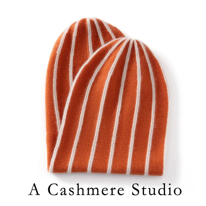 2026 Nuevo Gorro de Cachemira Pura a Rayas con Borde, Gorro Cálido de Invierno para Mujer, para Montar a Caballo, Esquiar al Aire Libre, Gorro de Moda Tejido