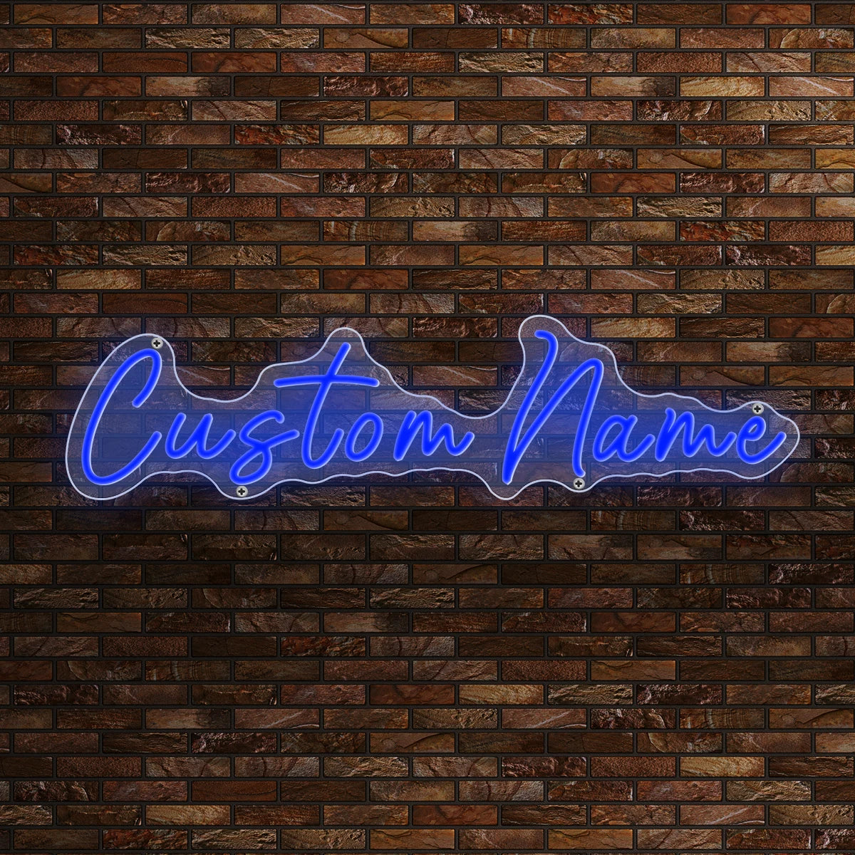 Letrero de neón “Custom Name” en azul sobre pared de ladrillo oscuro