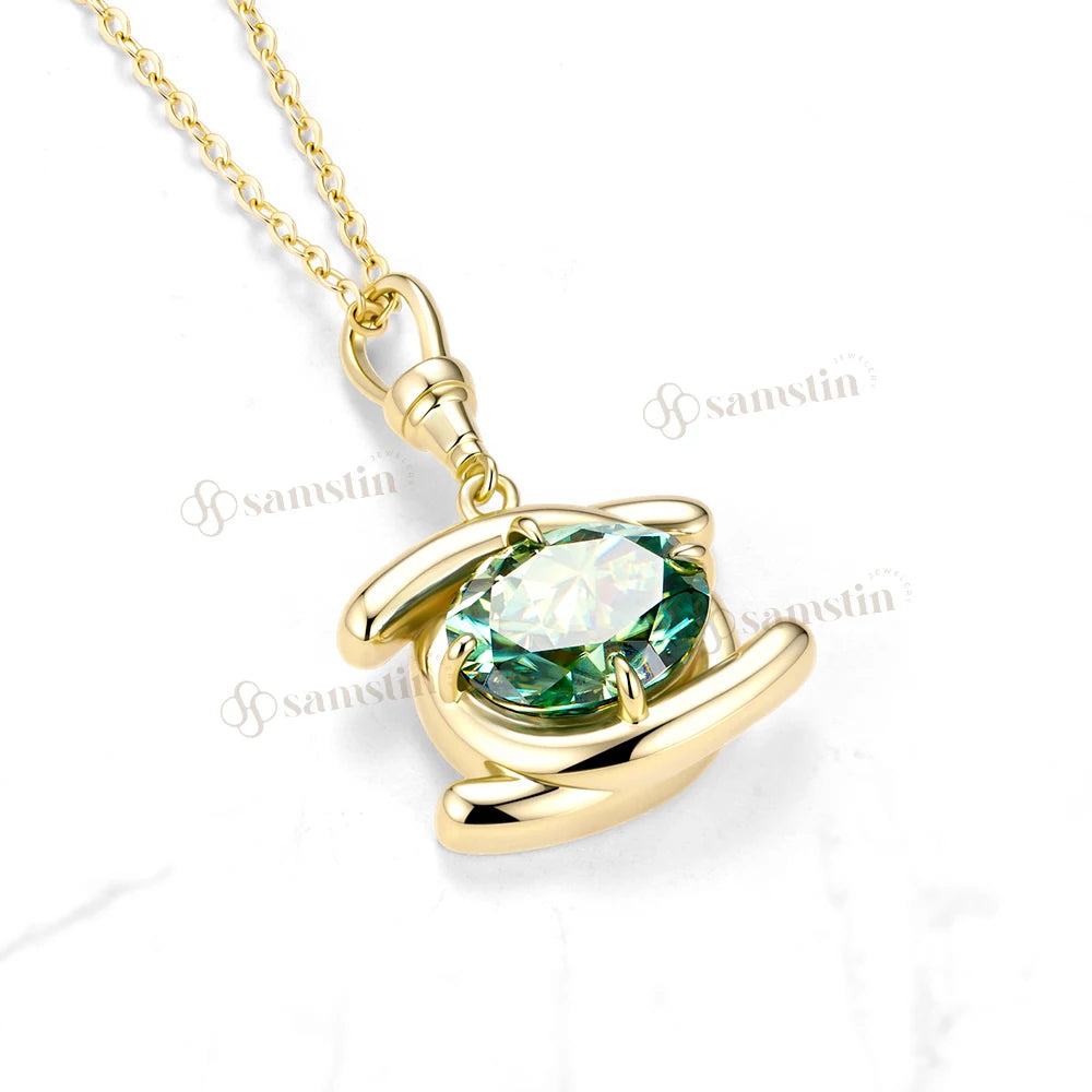 Collar Samstin con Moissanita Ovalada Cian de 5CT para Mujer, Collar de Oro Amarillo Sólido de 14K 10K 585 para Regalo de Navidad, Cadena Personalizada