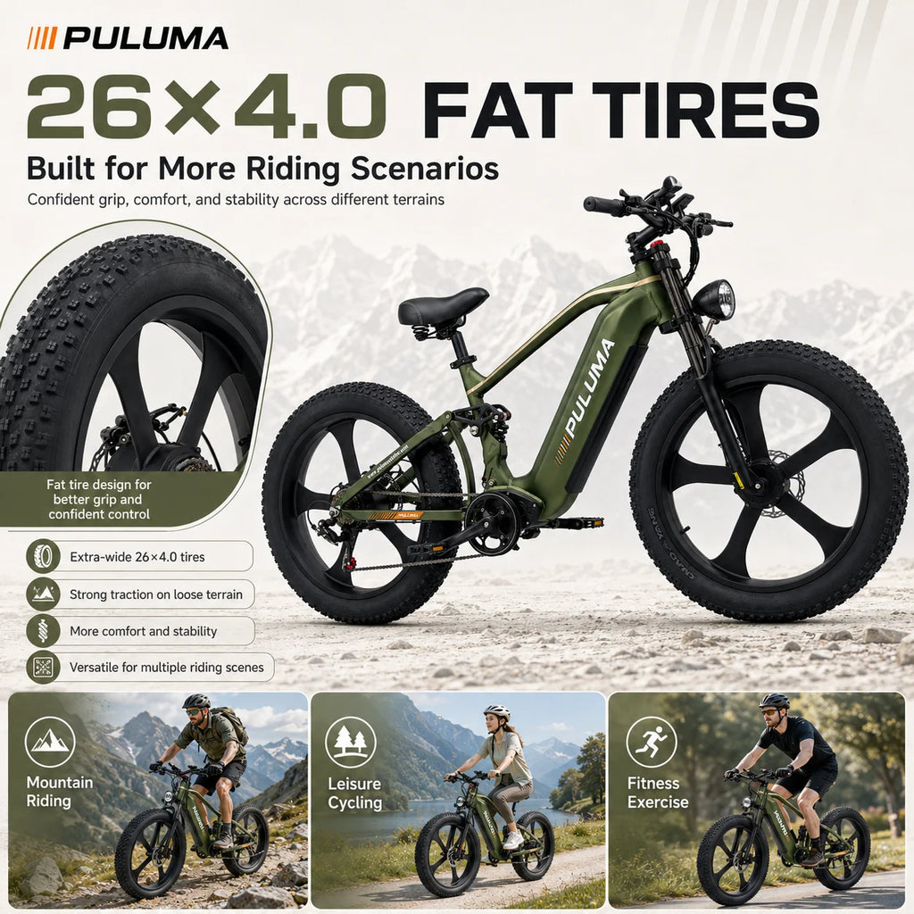 New PULUMA PE900 Dual Motor Electric Bike 52V20AH Removable Battery 26" Fat Tire All Terrain Offroad E-Bicycle Hydraulic Brake 7 Speed Adult Mountain Ebike