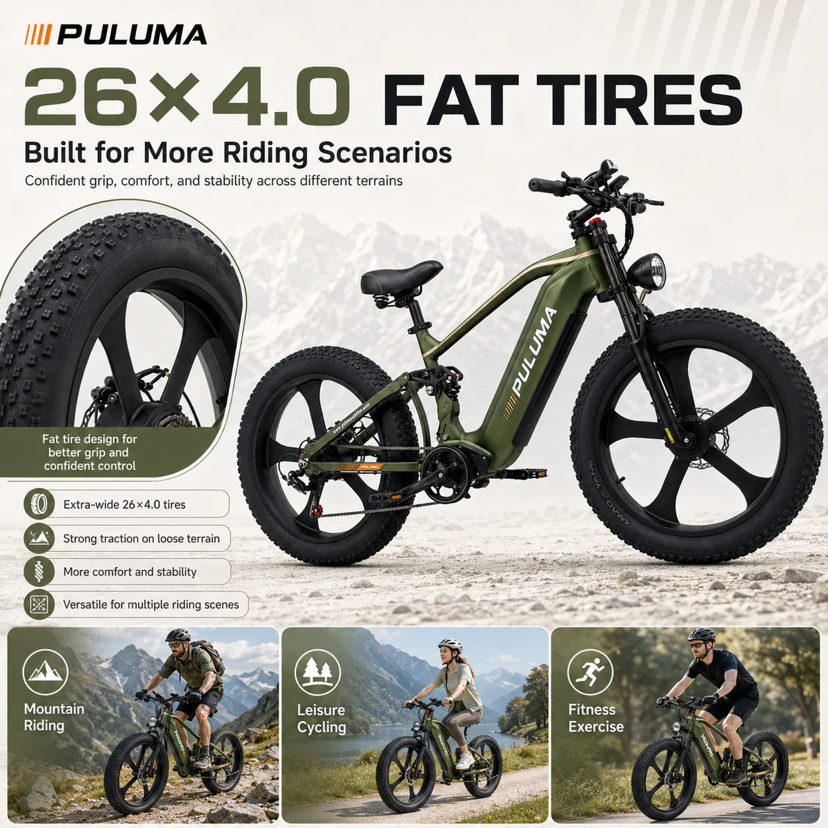 New PULUMA PE900 Dual Motor Electric Bike 52V20AH Removable Battery 26" Fat Tire All Terrain Offroad E-Bicycle Hydraulic Brake 7 Speed Adult Mountain Ebike