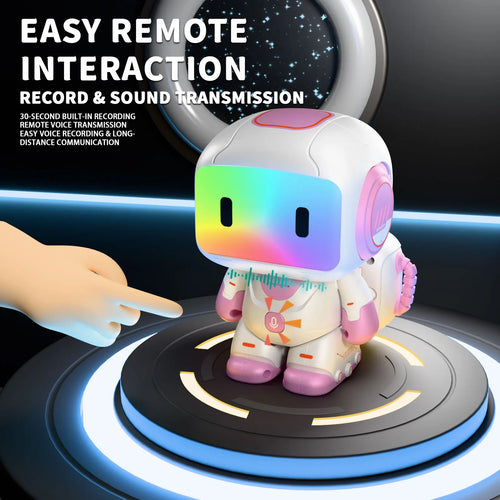 Robot juguete interactivo blanco con pantalla LED multicolor sobre base circular