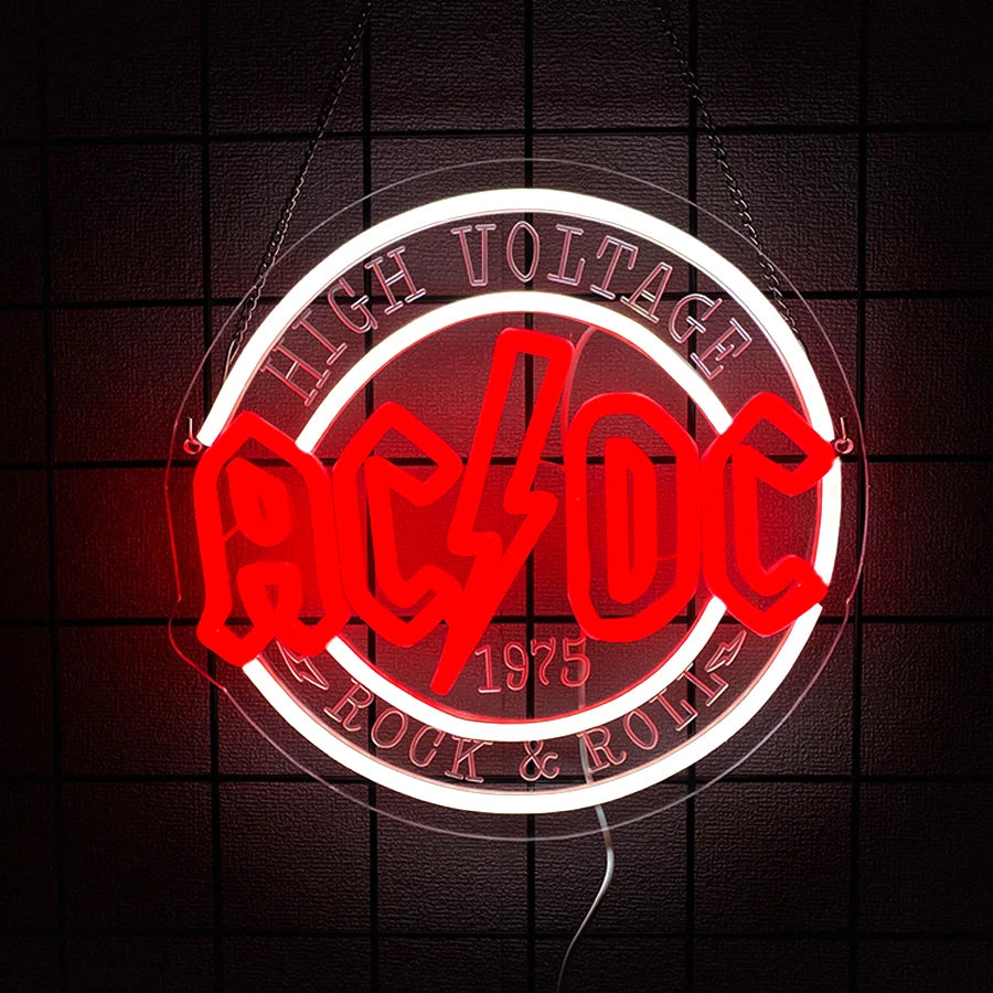 Letrero neón LED circular rojo y blanco con emblema AC/DC