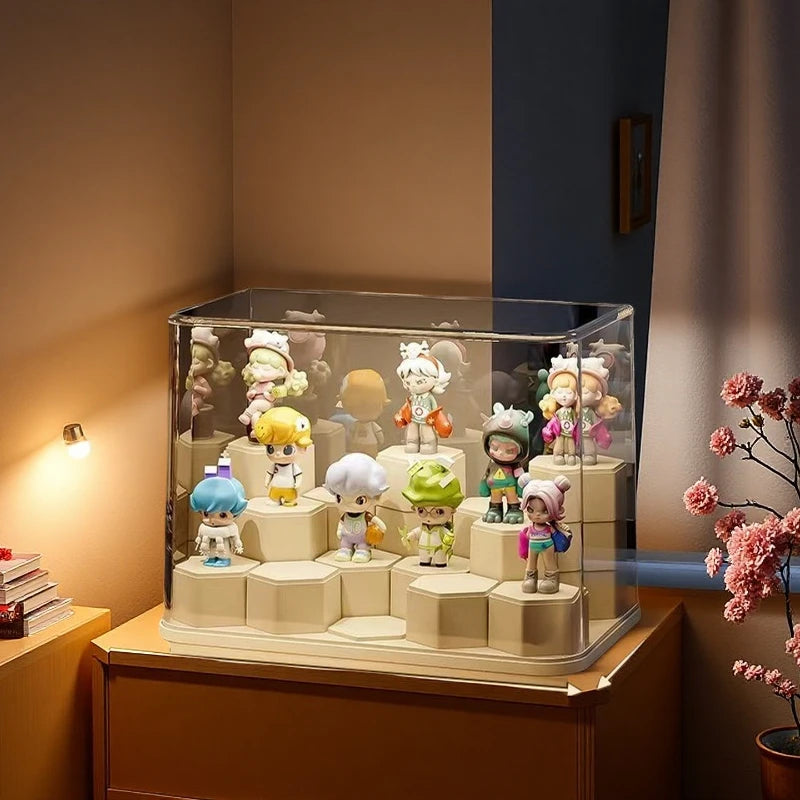 Estante de exhibición para figuras de cajas sorpresa, vitrina de acrílico transparente a prueba de polvo, para muñecos y adornos de bloques de construcción