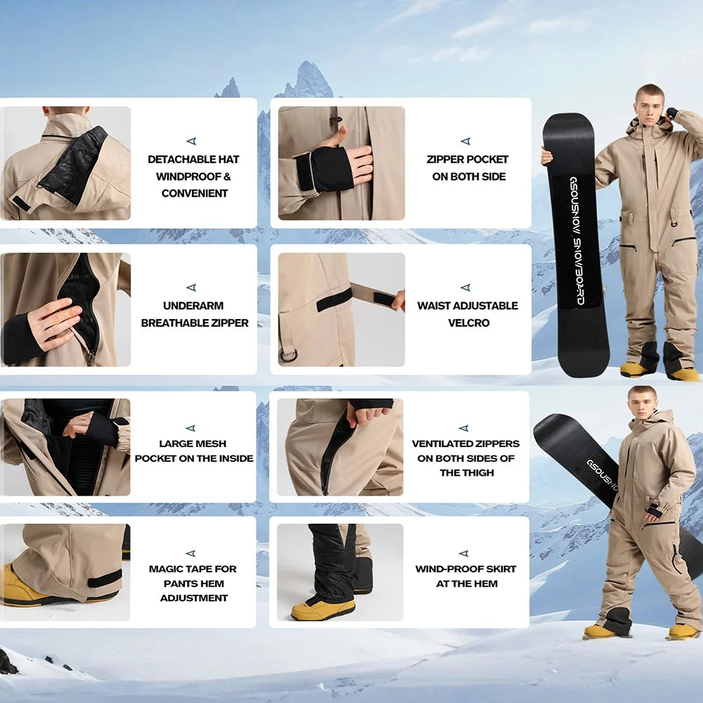 GSOU-ropa de trabajo de esquí para hombre, mono, chaqueta de una pieza, conjunto de pantalón, mono térmico de invierno para campo de nieve, ropa deportiva impermeable