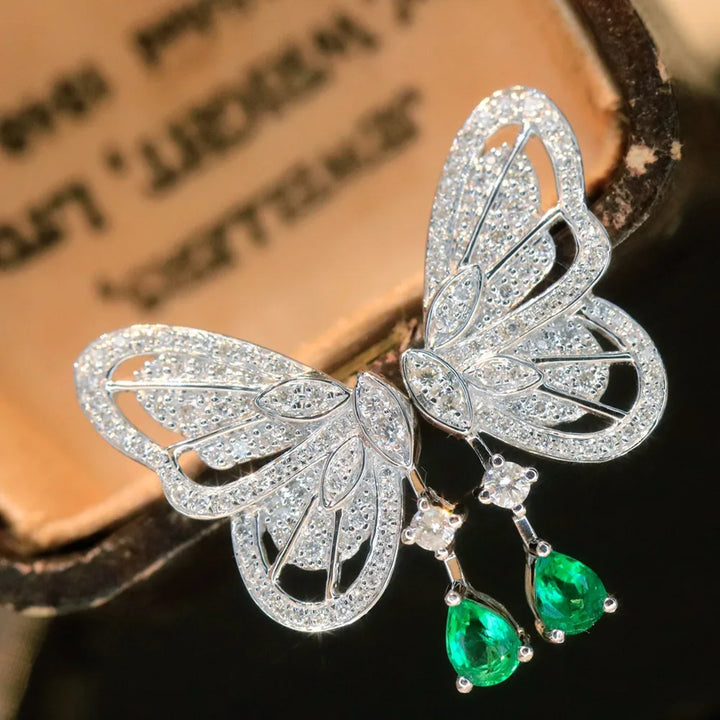 UBESTNICE romántico Real 18K joyería de oro blanco sólido AU750 diamantes naturales Esmeralda mariposa pendientes colgantes para mujer regalo de fiesta