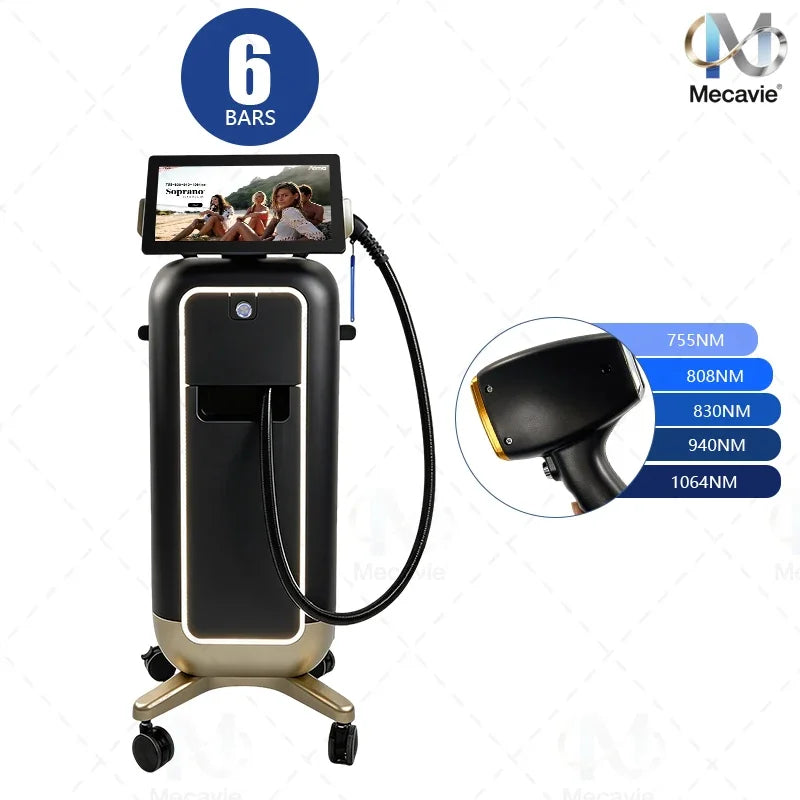 Máquina profesional de depilación láser con diodo de 6 longitudes de onda, sistema de colimación de eje rápido, sistema de enfriamiento por puntos de hielo y para el cuidado de la piel en salones de belleza.