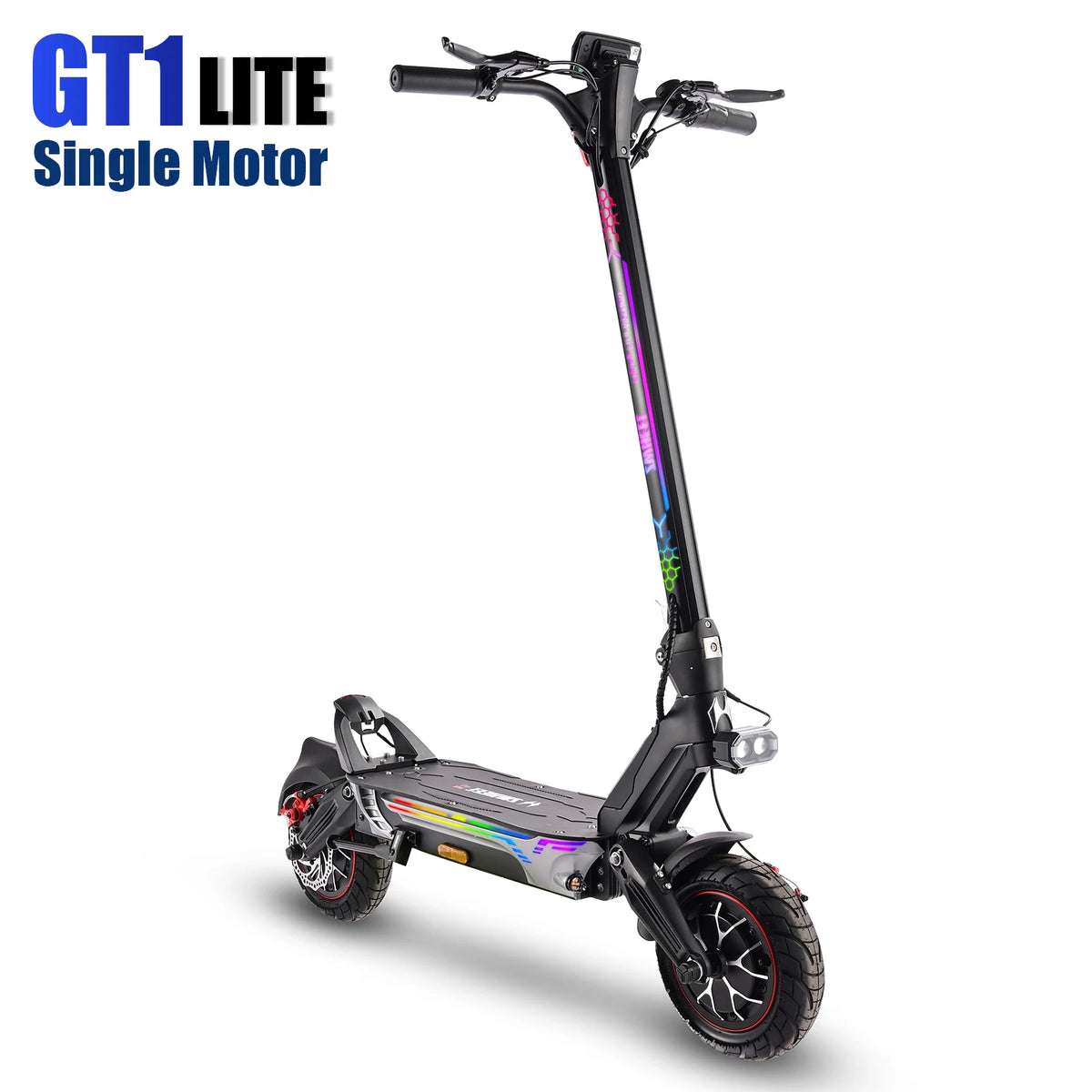 Patinete eléctrico ZWHEEL GT1 Lite negro con luces LED multicolor y ruedas todoterreno.