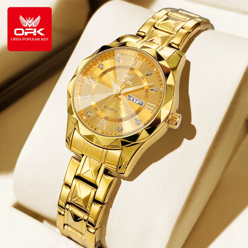 Reloj de mujer OLEVS 6023, reloj de pulsera de lujo para mujer, color dorado, con fecha y día, de acero inoxidable, resistente al agua, de cuarzo