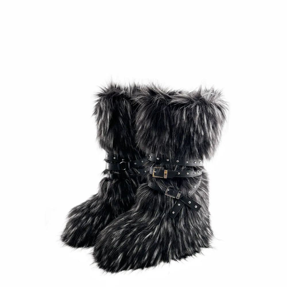 Botas de plataforma de cuña alta hasta la rodilla de piel sintética para mujer, populares botas de nieve con hebilla de cinturón cruzado marrón Spice Girl para invierno