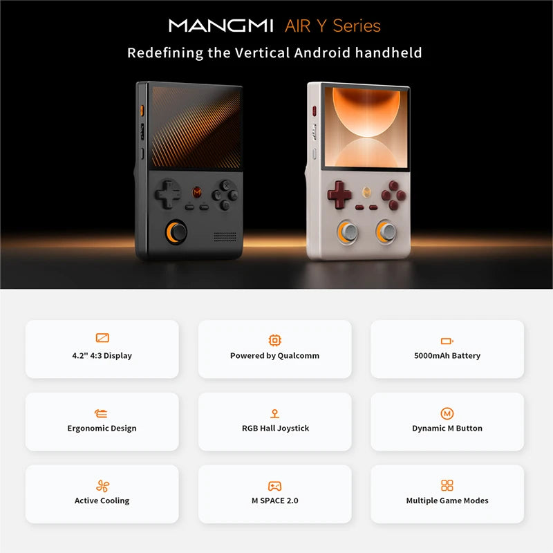 Consola de juegos portátil MANGMI AIR serie Y, pantalla completa IPS de 4,2 pulgadas y 4:3, consola de juegos retro portátil Android 14 de alto rendimiento con refrigeración activa