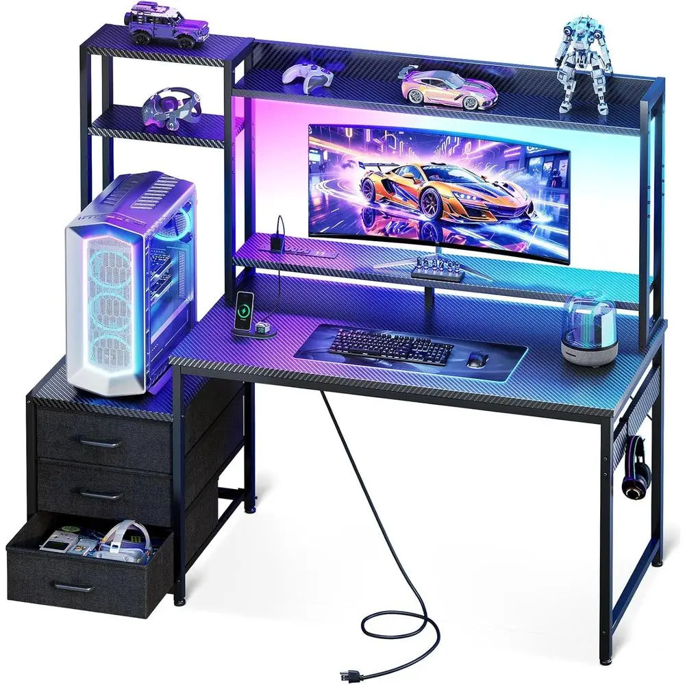 Escritorio para gaming con estante superior, pantalla, teclado y cajonera lateral con luces LED