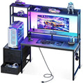 Escritorio para gaming con estante superior, pantalla, teclado y cajonera lateral con luces LED