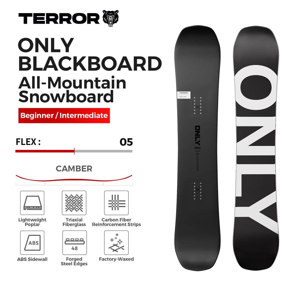 Tabla de Snowboard TERROR ONLY All Mountain, Perfil Flat Rock, Flex 5, Núcleo de Madera de Álamo con Refuerzo de Carbono para Principiantes