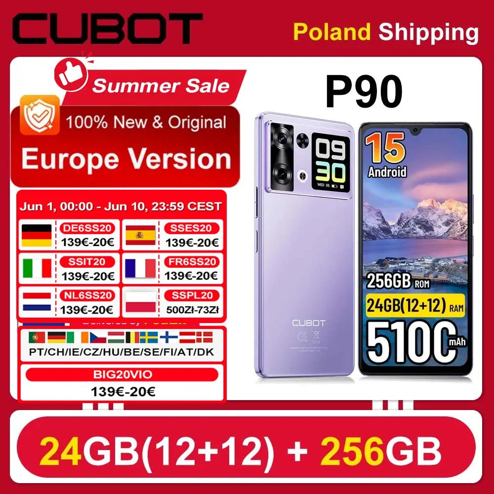 [Envío desde Polonia] Smartphone Cubot P90 5100mAh Android 15 24(12+12)GB + 256GB 6.88" 120Hz 64MP Teléfono móvil NFC Huella dactilar