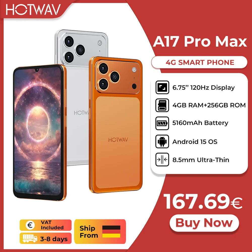 [Envíos desde Alemania] Smartphone ultrafino HOTWAV A17 Pro Max de 6,75'' con pantalla de 120Hz, 4GB de RAM, 256GB de almacenamiento, Android 15 y batería de 5160mAh