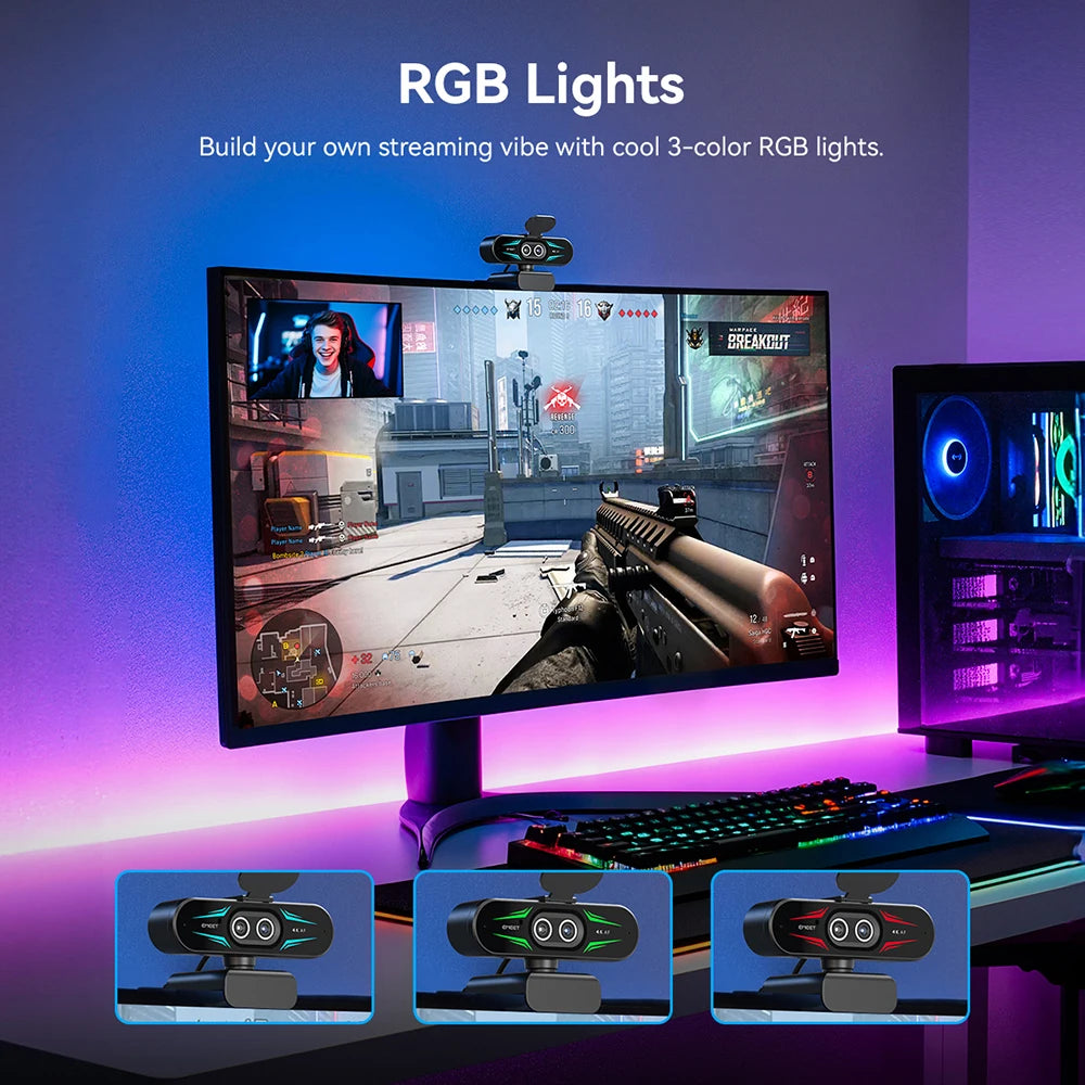 Cámara Web 4K 1080P 60fps EMEET C60E, Cámara USB Binocular 4K con Luz RGB para Streaming/Juegos, Cámara de Video para Computadora