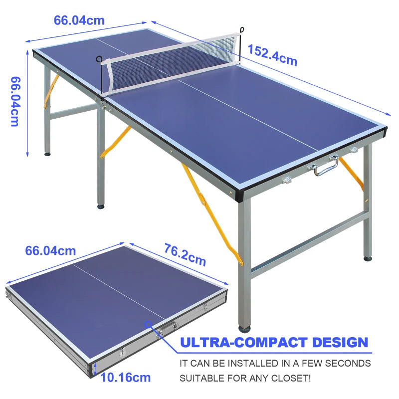 Mesa de ping-pong plegable azul de 152,4×66,04×66,04 cm con 6 patas metálicas estables, plegable para ahorrar espacio, con 10,16 cm de grosor, incluye Set de Pádel, 2 Palas y 3 Pelotas, Patas Antideslizantes, para Interio
