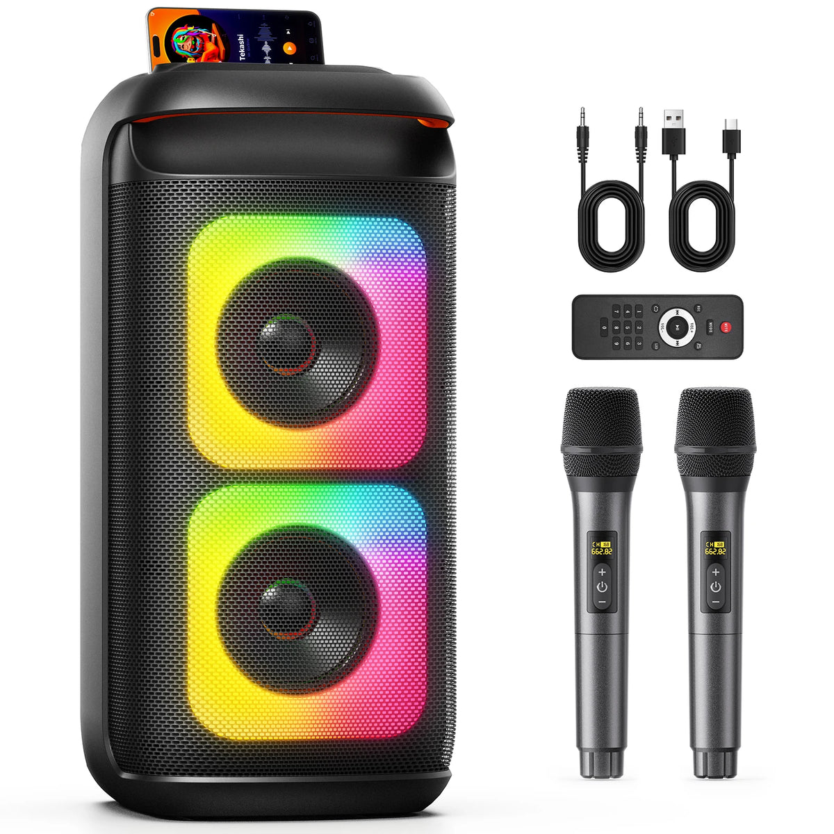 Altavoz Bluetooth Grande T37, Máquina de Karaoke con Dos Micrófonos, USB, Tarjeta TF, Grabación, TWS, Altavoz de Karaoke con Reverberación
