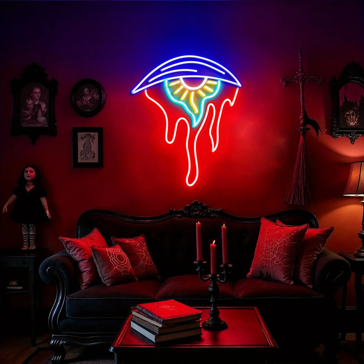 Letrero de neón ojo surrealista, contorno azul y forma roja con ojo amarillo-verde