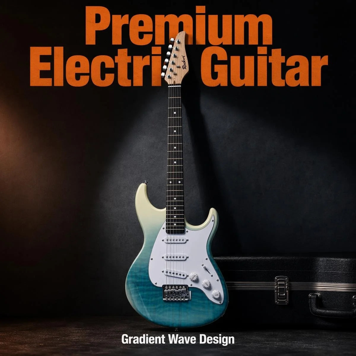 Guitarra eléctrica de alta gama, cuerpo de color azul lago, diseño renovado, fabricada con materiales de primera calidad, ideal tanto para principiantes como para músicos profesionales.