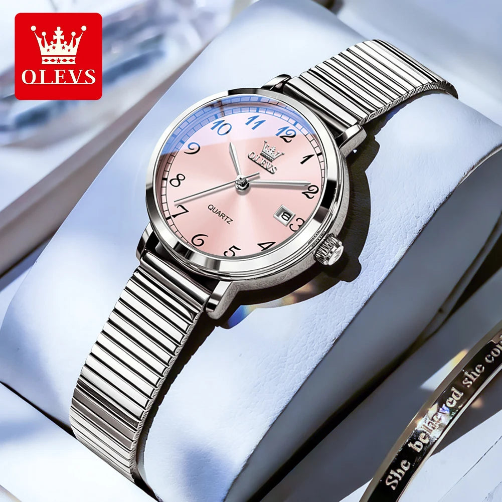 Reloj para mujer OLEVS 7130 de marca líder, resistente al agua, con correa de acero inoxidable y escala numérica
