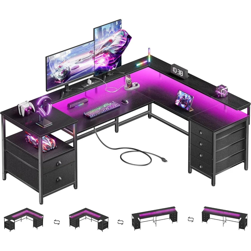 Escritorio gamer en L negro con iluminación LED morada y organizadores en los laterales