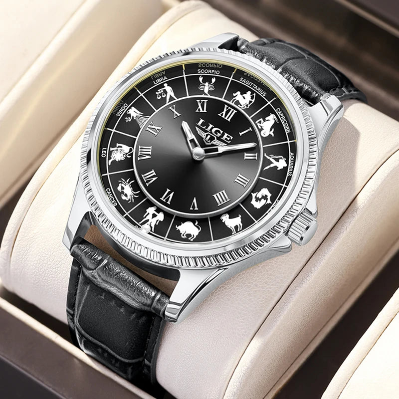 LIGE Zodiac Men Watch Top Brand Luxury Leather Roman Numeral Quartz Watch Men Fashion Business Luminous Wristwatch Gift for Men