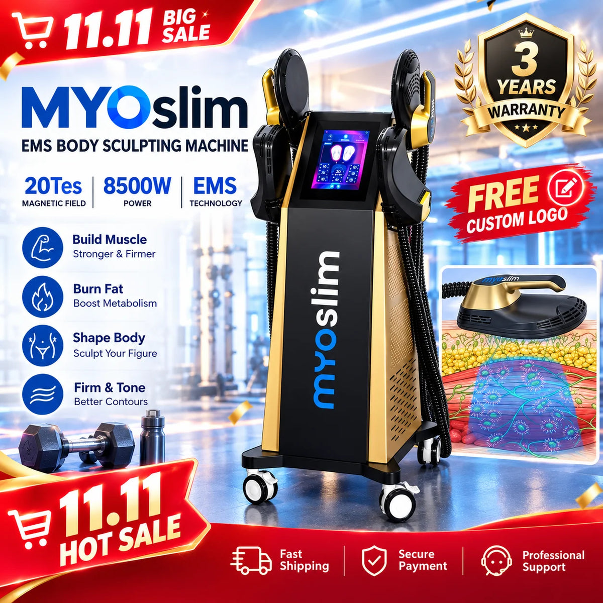 Máquina de Tonificación Corporal EMS MYOslim 20Tes 8500W, Estimulador Muscular HI-EMT, Equipo de Fitness para Entrenamiento en Casa y Uso Personal