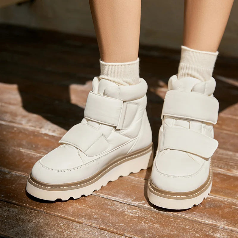 BEAUTODAY botines de mujer de tela con punta redonda plataforma de Color sólido gancho y bucle antideslizante botas de nieve de invierno hechas a mano 08064