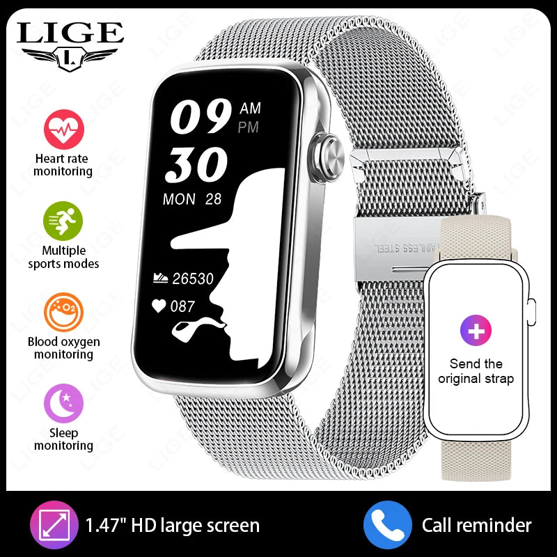 Reloj inteligente LIGE de 1.47" para mujer y hombre, pulsera inteligente con monitor de frecuencia cardíaca, contador de pasos, deporte, fitness, salud y resistente al agua, smartwatch para dama