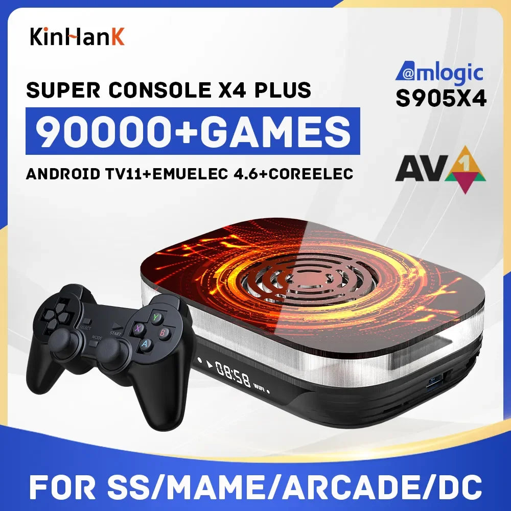 Consola de videojuegos retro KINHANK Amlogic S905X4, Super Console X4 Plus, con 60.000 juegos y más de 60 emuladores (MAME/ARCADE/DC), resolución 4K HD, ideal como regalo para niños.