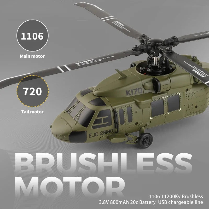 Helicóptero RC WLtoys K170 con Giroscopio UH-60L, Control Remoto de 4 Canales, Helicópteros sin Escobillas con Luz LED, Juguete de Avión para Niños