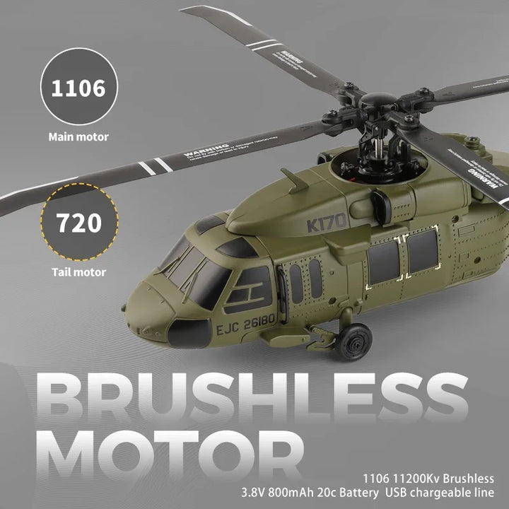Helicóptero RC WLtoys K170 con Giroscopio UH-60L, Control Remoto de 4 Canales, Helicópteros sin Escobillas con Luz LED, Juguete de Avión para Niños