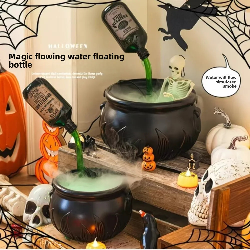 Decoraciones para fiestas, decoración del hogar, caldero de bruja, máquina de niebla con botella flotante, calavera, luz LED, accesorio de Halloween, brujería espeluznante