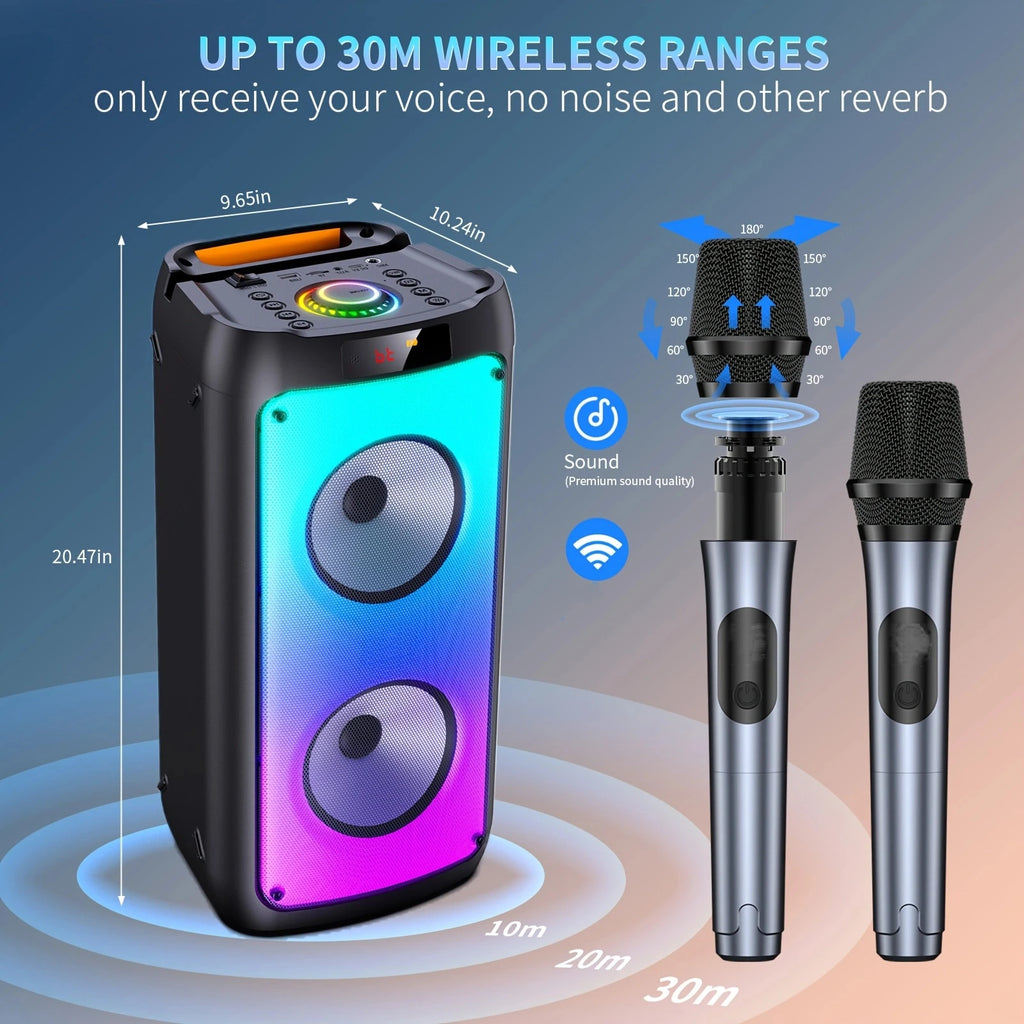 Altavoz Bluetooth inalámbrico, máquina de karaoke con 2 micrófonos, sistema de karaoke para el hogar con luz LED para fiestas, control remoto