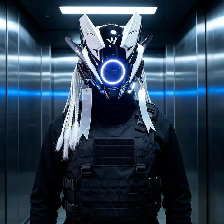 Cyberpunk máscara futurista Techwear, decoración de casco de Cosplay de Halloween con trenza ligera y sucia, Caballero de estilo guerrero japonés Sty