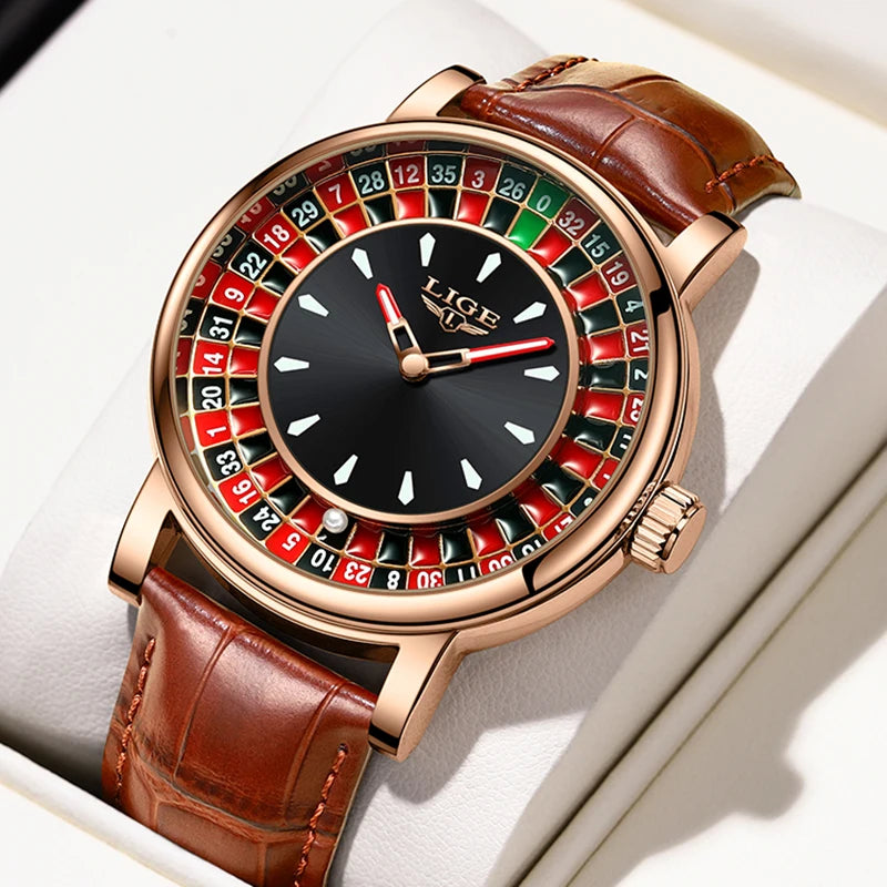LIGE Casino Roulette Dial Men Watch Retro Brown Leather Strap Waterproof Quartz Watches for Men Business Casual Wrist Gift Watch